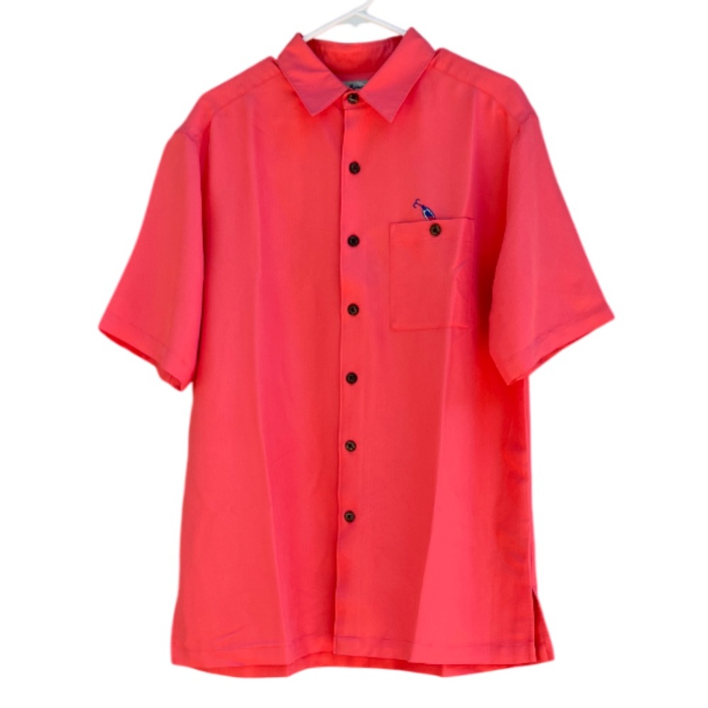 Hook & Tackle Coral Short Sleeve Button Up Fisherman Embroidered Shirt Sz L